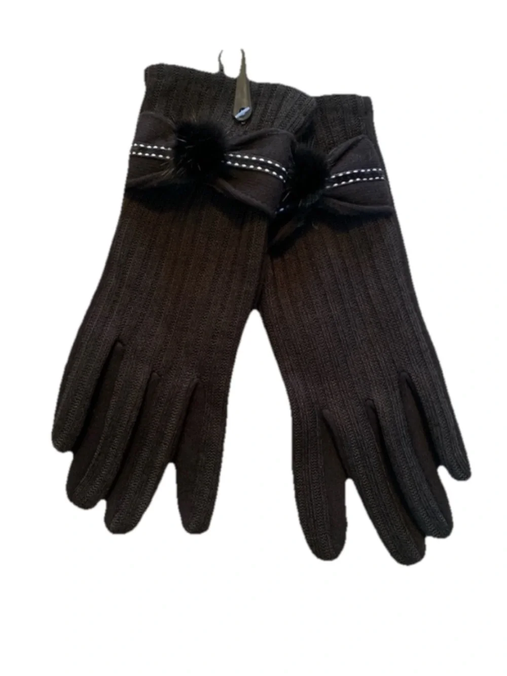 Black Fleece Lined Knit Gloves with Bow/Pom-Pom Accent